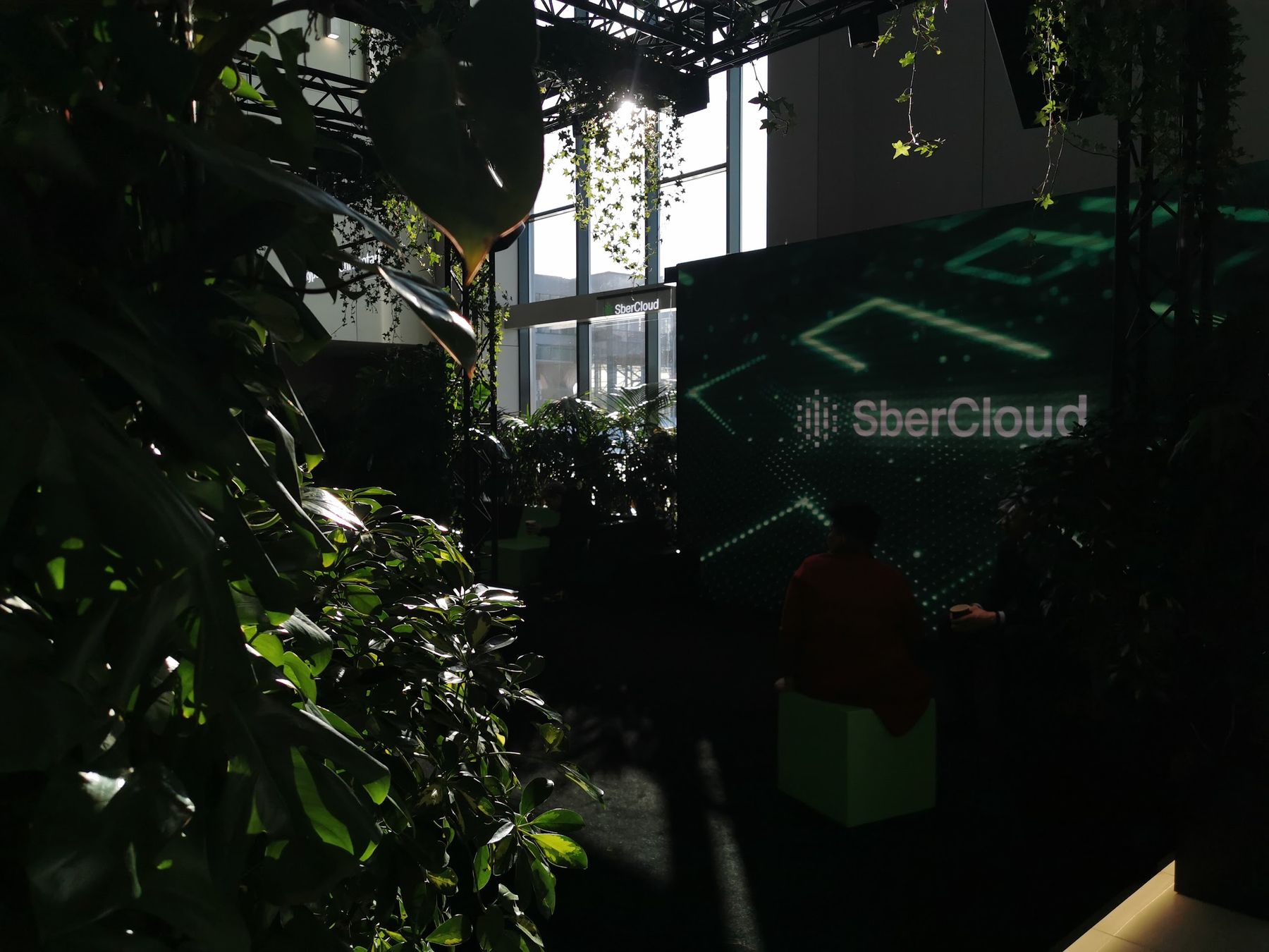 Светодиодный экран с логотипом SberCloud среди растений