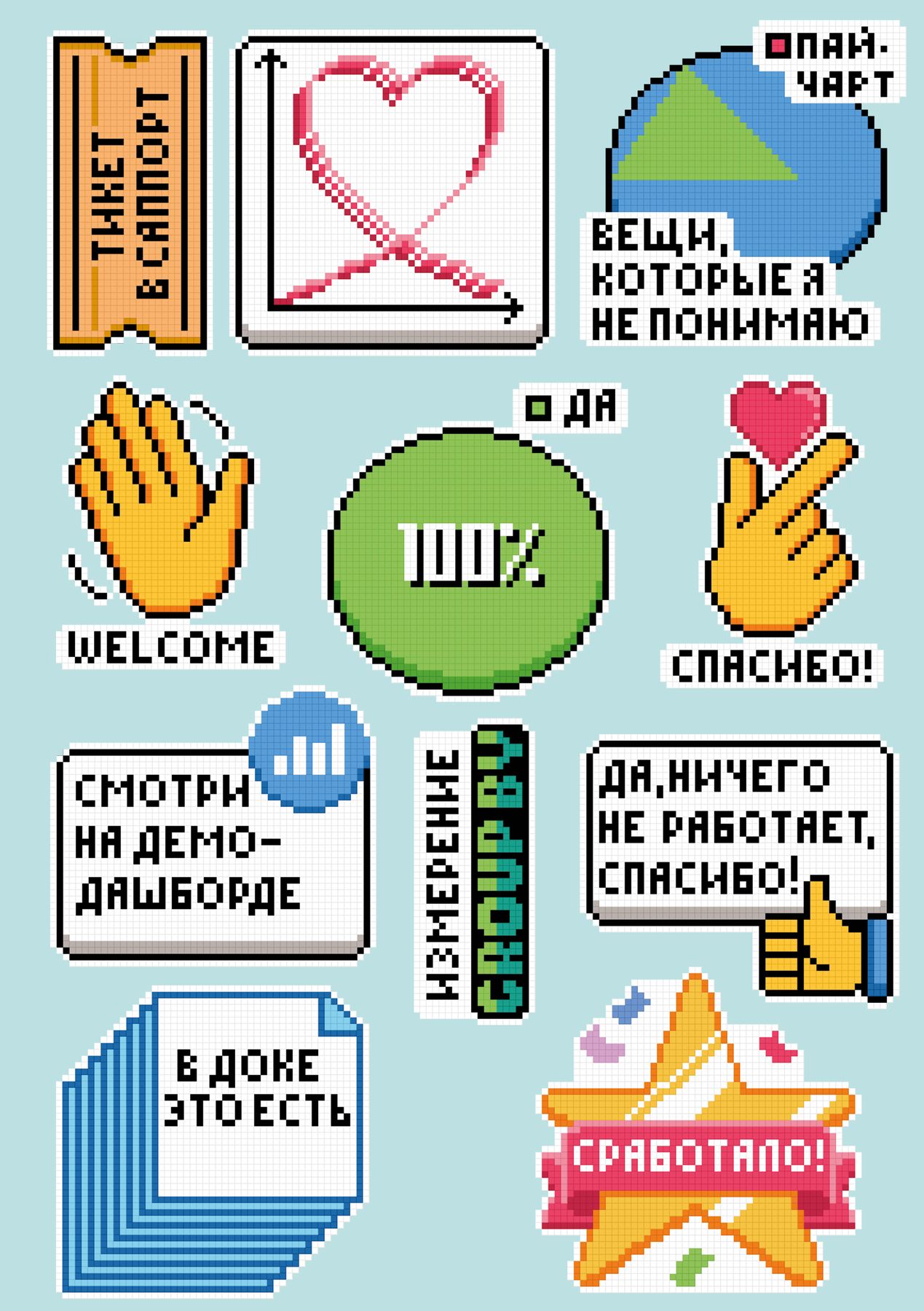 Стикерпак DataLens в пиксельном стиле: «Тикет в саппорт», «Смотри на демо-дашборде», «Сработало!» и другие, макет к печати (ноябрь 2022)